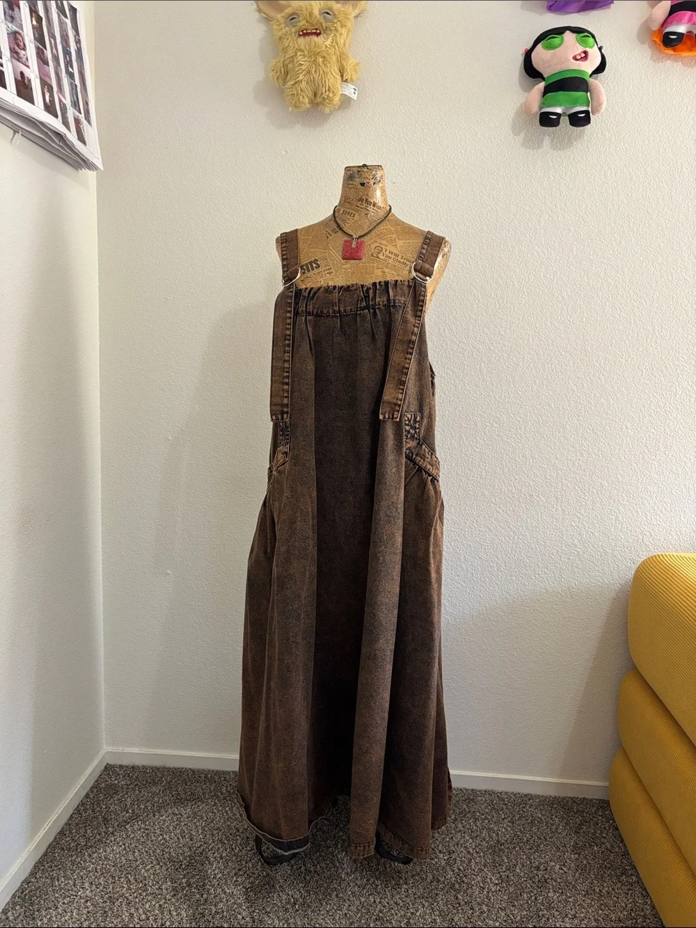 Apron styled maxi dress M acid washed boho Lagenlook suspenders Y2K fall whimsy